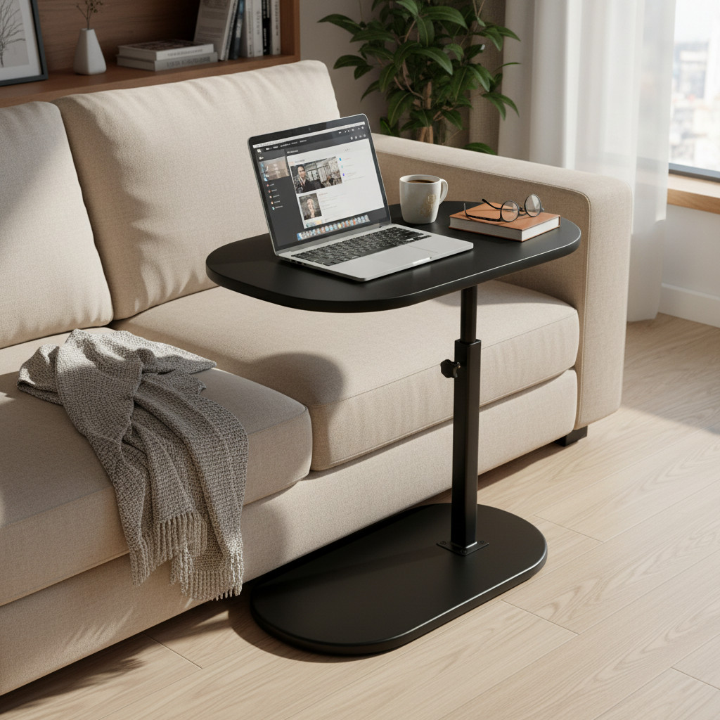 Adjustable Height Black C-Shaped Side Table 47*32cm, Swivel Sofa Side Table