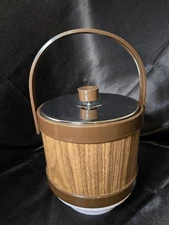 Vintage Atapco Ice Bucket Faux Wood Finish Mirrored Chrome Lid MCM Retro Barware