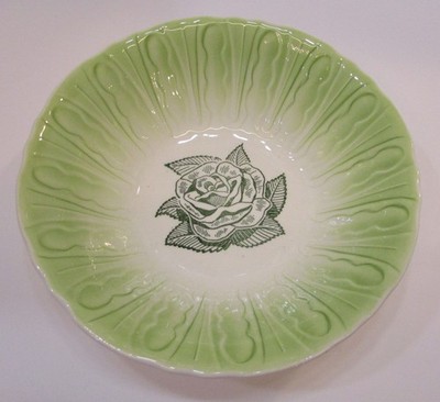 Old 1930's SCIO Pottery Green 3x8 Serving Bowl Antique Provincial Rose Pattern