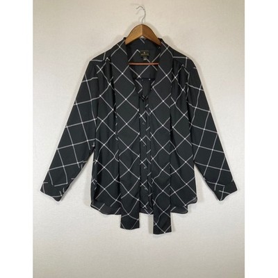 Officecore Worthington Women Large Black White Windowpane Tie Front Grid Blouse