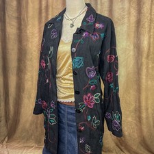 Vintage Embroidered Jacket 90s Floral Button Up Black Multicolor Boho Garden