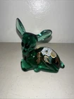 Vintage Green Fenton Glass Hand Painted Fawn Paperweight, Signed By Artist