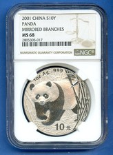 2001 NGC MS68 China Panda 10 Yuan 1oz .999 Silver Mirrored Branches 10 YN MS-68