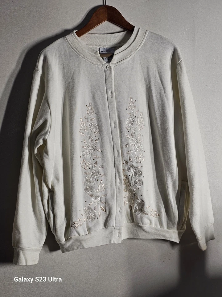 Cárdigan vintage Bon Worth color crema rosa bordado con botones 60 % algodón Foto 2 de 4