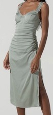 New ASTR The Label M Alva Sage Ruched Lace Trim Slip Dress Sweetheart Chic Event