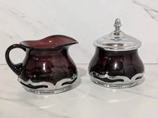 Krome-Kraft Farber Bros Amethyst Glass Creamer Sugar With Lid Set