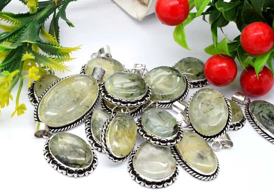 Lote de joyas colgantes de diseño enchapado en plata de ley 925 con piedras preciosas de prehnita natural Foto 3 de 3