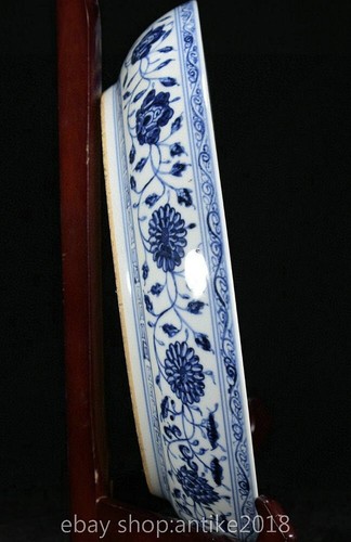 14" Ming Xuande Old Chinese Blue White Porcelain Flower Fruit platter Plate Tray - Picture 8 of 9