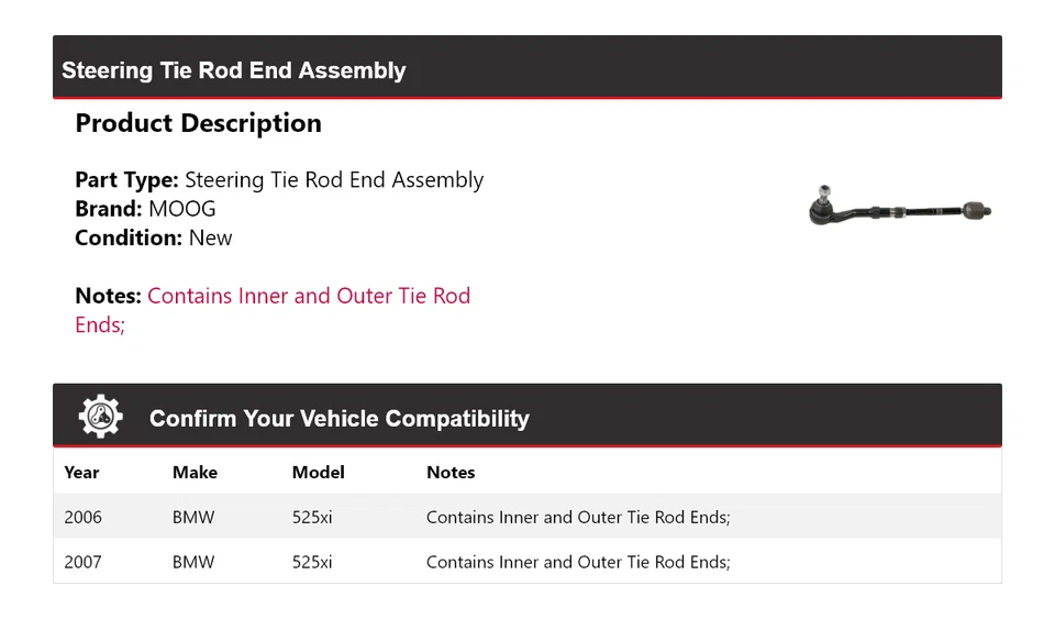 Conjunto de extremo de varilla de amarre de dirección MOOG para BMW 525xi 2006-2007 Foto 2 de 4