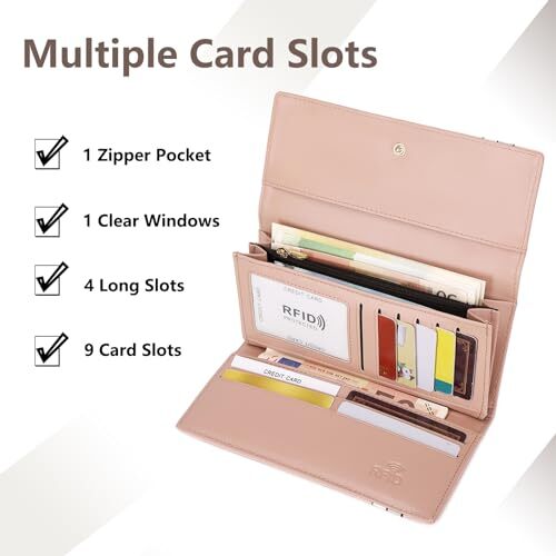 Womens Wallet, RFID Blocking Leather Wallet with Multiple Card Slots and Blue - Picture 2 of 6