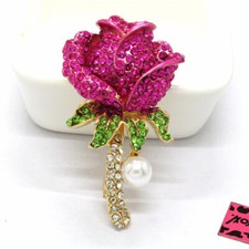 Hot Rose Red Enamel Bling Flower Pearl Fashion Women Charm Lady Brooch Pin Gifts