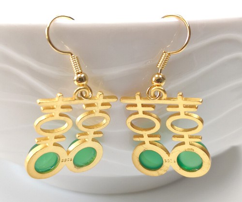 Pendientes de gancho verde genuino calcedonia ágata 18 kgp doble felicidad suerte - Imagen 9 de 9