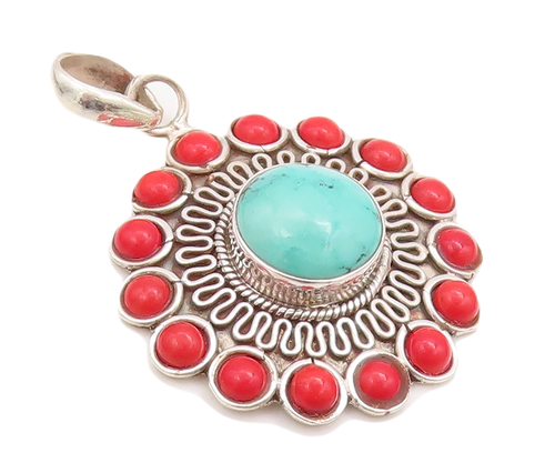 Pendentif ancien en argent sterling 925 sculpté turquoise et pierre précieuse fleur PT23193