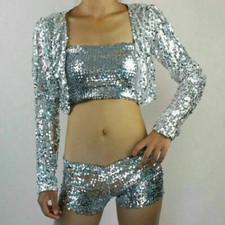 Damen Pailletten Jacke Mantel Bauchfreier Top Strickjacke Jazz Tanzshow Clubwear