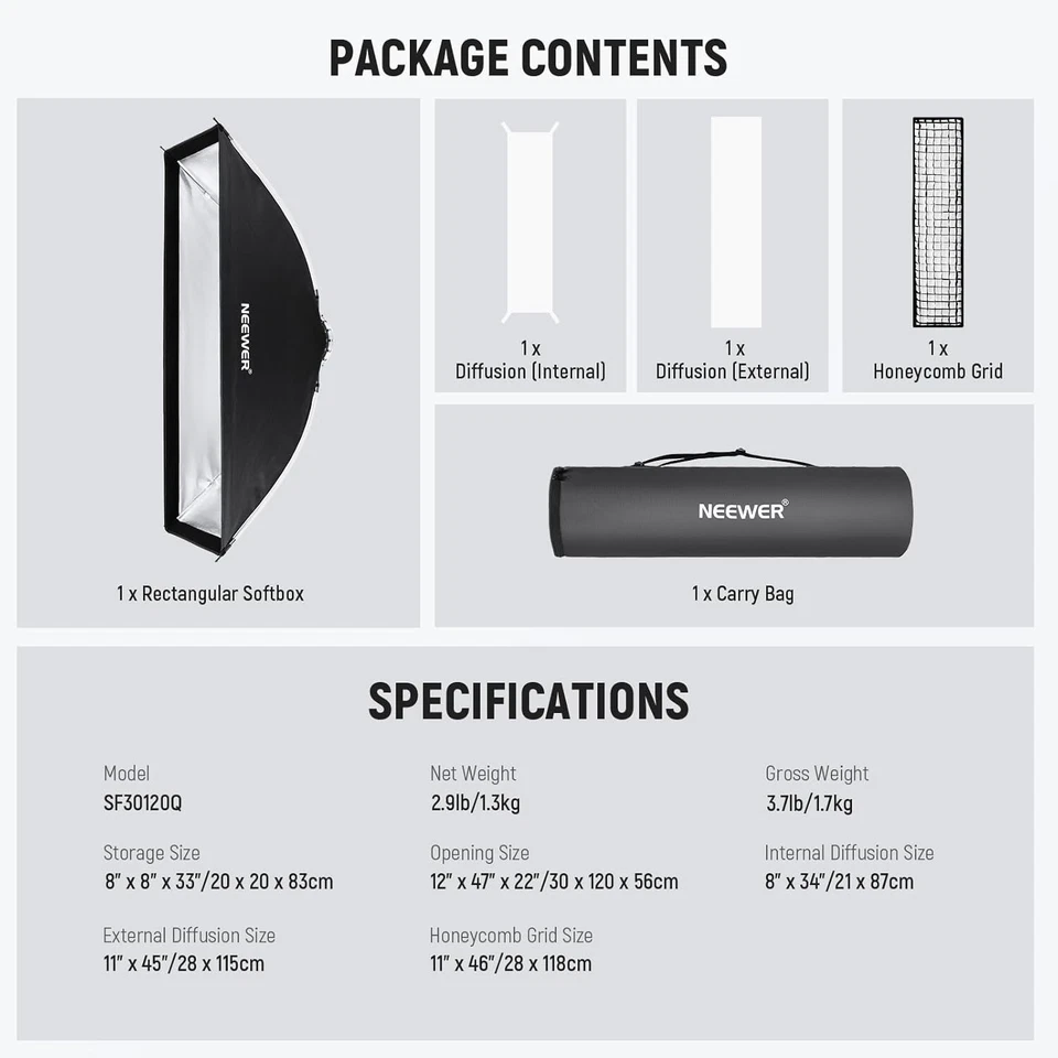 NEEWER 12"x47"/30x120cm Rectangular Folding Softbox w/Diffusers/Beam Grid/Bag - Image 2 of 4