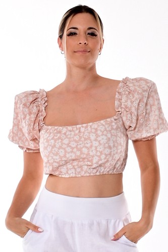 AZUCAR LADIES PRINTED EYELET PUFFY BLOUSE 100% COTTON - IN (2) COLORS - LCB1719 - 第 7/8 張圖片