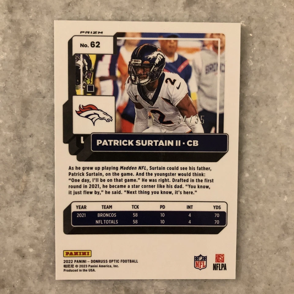 2022 Donruss Optic Patrick Surtain II - Lime Green Prizm Numbered /35 Broncos - Image 2 of 4