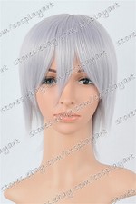 US 14inch Cosplay Wigs with Bangs Silver Full Head Synthetic Wigs