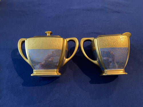 PICKARD GOLD & COBALT BLUE ROSES & DAISY PATTERN SUGAR & CREAMER SET - Picture 2 of 4