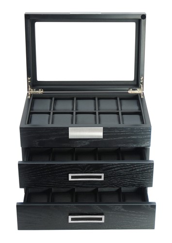 30 Uhr Schwarz Holz Vitrine Extra Höhe Schublade Aufbewahrungsbox Edelstahl - Bild 5 von 6