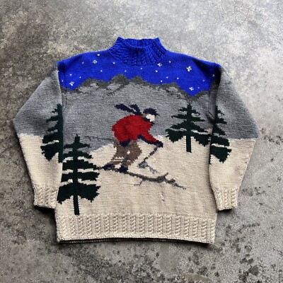 Vtg RALPH LAUREN RARE Handknit Wool Skier Ski Sweater Blue Red 90s
