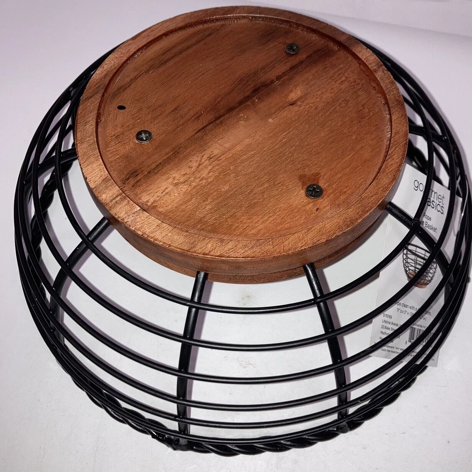 Mikasa Gourmet Basics Wrought Iron & Acacia Wood Rope Round Fruit Basket 5”x11” - Image 3 of 4