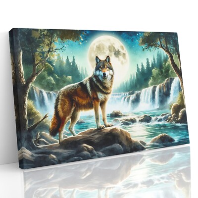 Wolf am Wasserfall unter Vollmond Landschaft Leinwandbild Wandbild Bild Poster