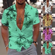 Men Hawaiian Printed  T Shirt Summer Short Sleeve Beach Party Casual Tops Blouse
