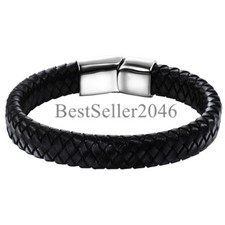 Men's Black Braided Leather Rope Bracelet Stainless Steel Magnetic Clasp Cuff