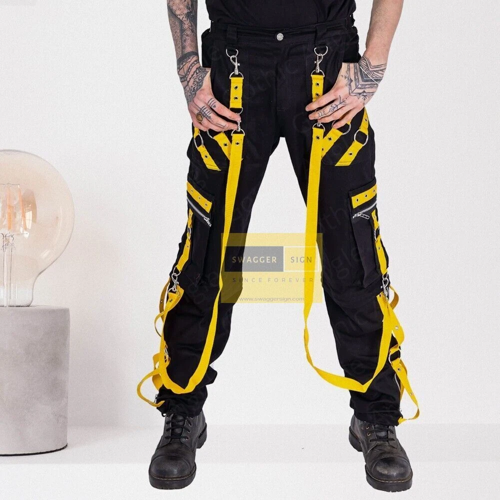 Men Gothic Bondage Black Punk Zips Chain Yellow Strap Trousers TRIPP EMO Pants