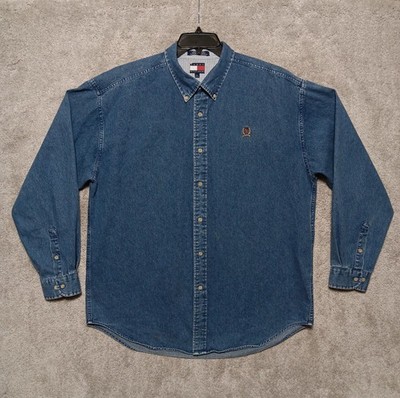 Vintage 90s Tommy Hilfiger Denim Button Down Shirt Lion Crest Mens Sz XL