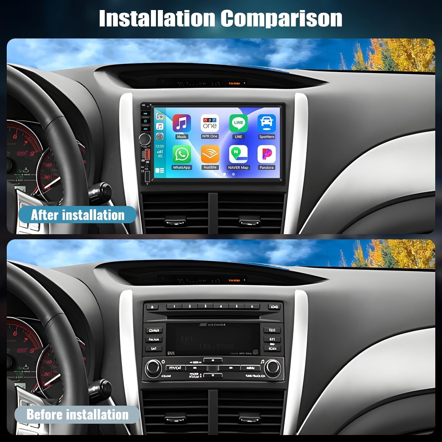 Écran tactile 7" pour voiture avec Android Auto et CarPlay sans fil pour GPS et musique