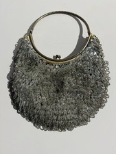 Evening Bag W/Silver Hoop Handle Vintage Handmade Hong Kong Sequin  Hoop