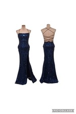 Windsor Formal Maxi Dress Size Small Blue Black Sequin Corset Lace Up Back Gown