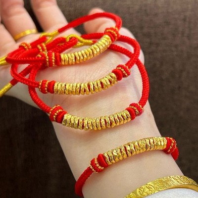 24K Pure Gold Lucky Rope Bracelet   Red or Black Rope Wealth Charm   Couple Gift