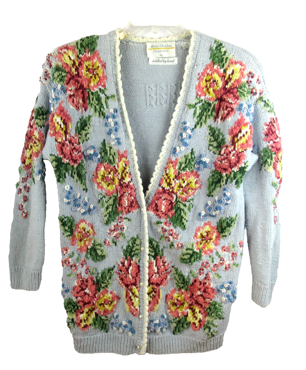 Vintage MARISA CHRISTINA Hand Knit Floral Cardigan Sweater Womens
