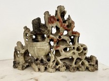 Antique Chinese Carved Soapstone Ornament Carving Brush Pot Art Monkeys Asian