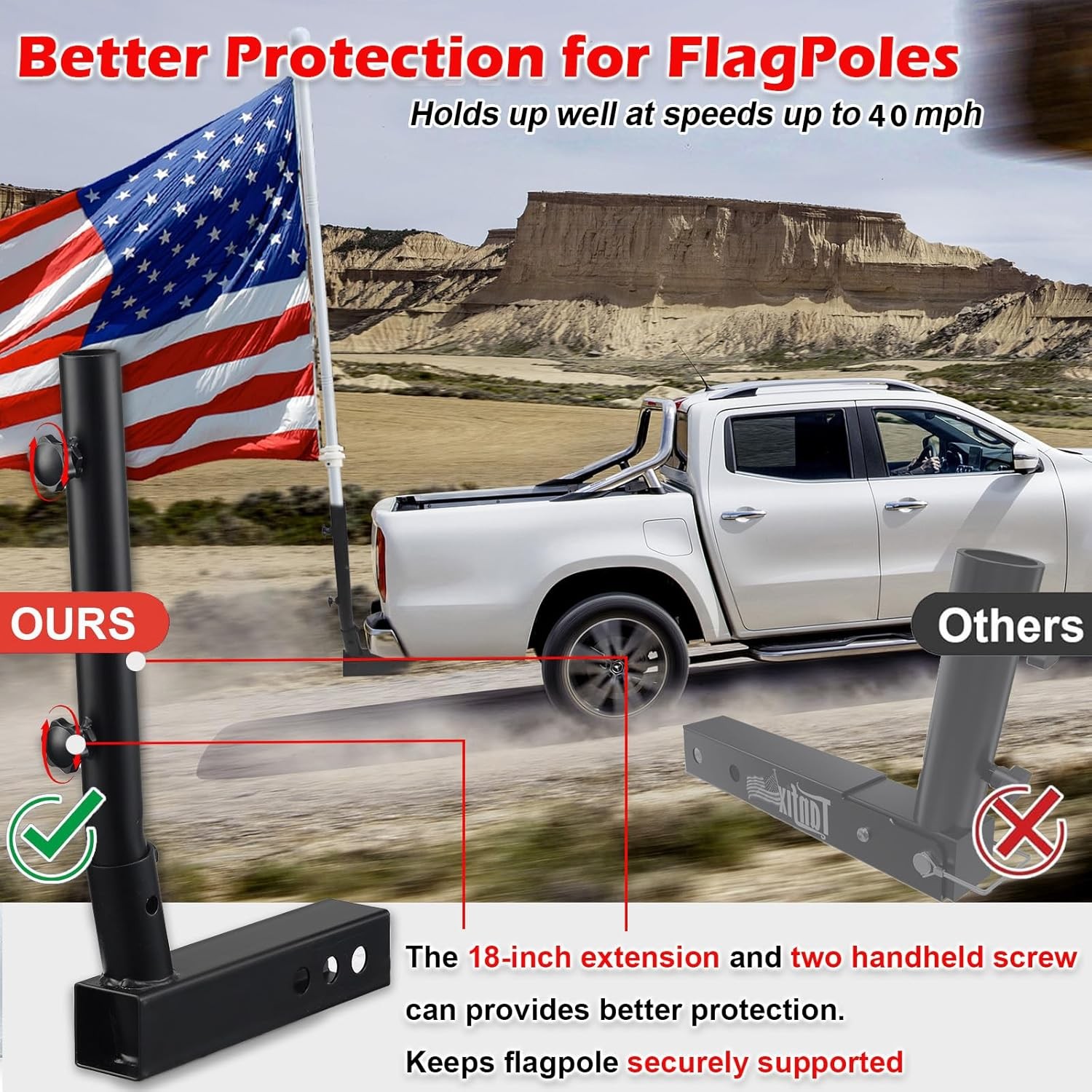 6FT Flag Pole for Truck Hitch Mount Heavy Duty Tangle Free Holder SUV Jeep RV