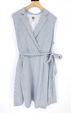 Anne Klein White Blue Seersucker Sleeveless Faux Wrap Tie Plus 20W Pockets