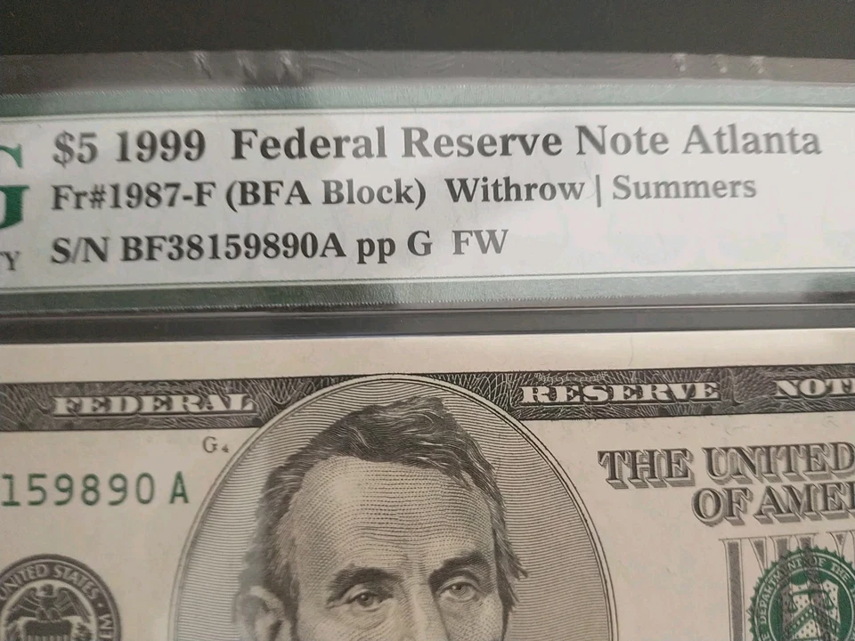 1999 $5 Federal Reserve Note PMG 66EPQ Gem Uncirculated. Atlanta #BF38159890A - Image 3 of 4