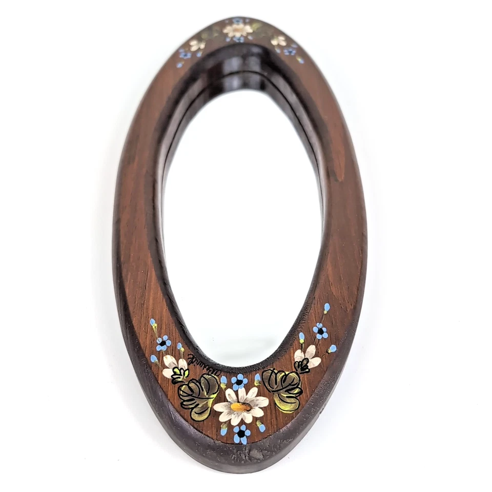 Vintage Wood Oval Mirror Hand Painted Folk Art Floral Daisies Cottage Farmhouse - Image 2 of 4