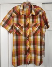 VTG Lucky Brand Men’s Western Snap Button Shirt Orange Plaid XL Short Slv Retro