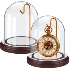 2 Pcs Pocket Watch Glass Display with Hooks Dome Cloche with Wood Base Decora...