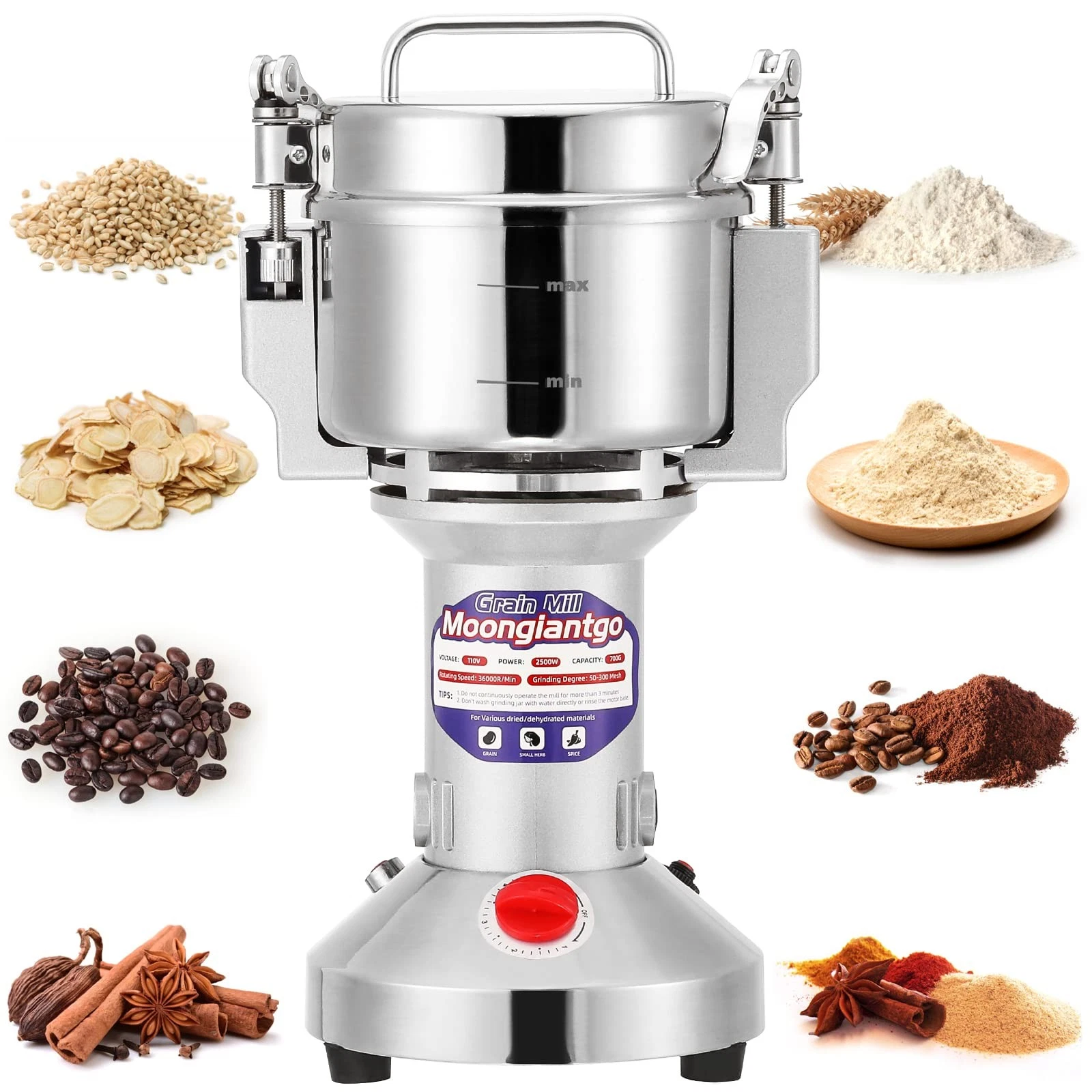 Grain Mill Grinder Electric 500g Commercial Spice Grinder 2500W Stainless Ste...
