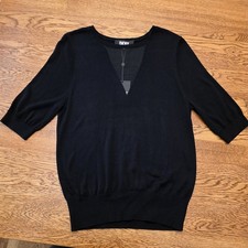 DKNY M Black Short Sleeve Sweater Sheer V Womens Career Office Lightweight Top