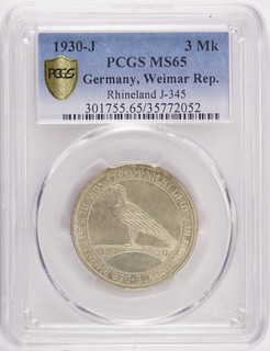 1930J Germany Weimar Republic 3 Reichsmarks Rhineland PCGS MS65 KM# 70