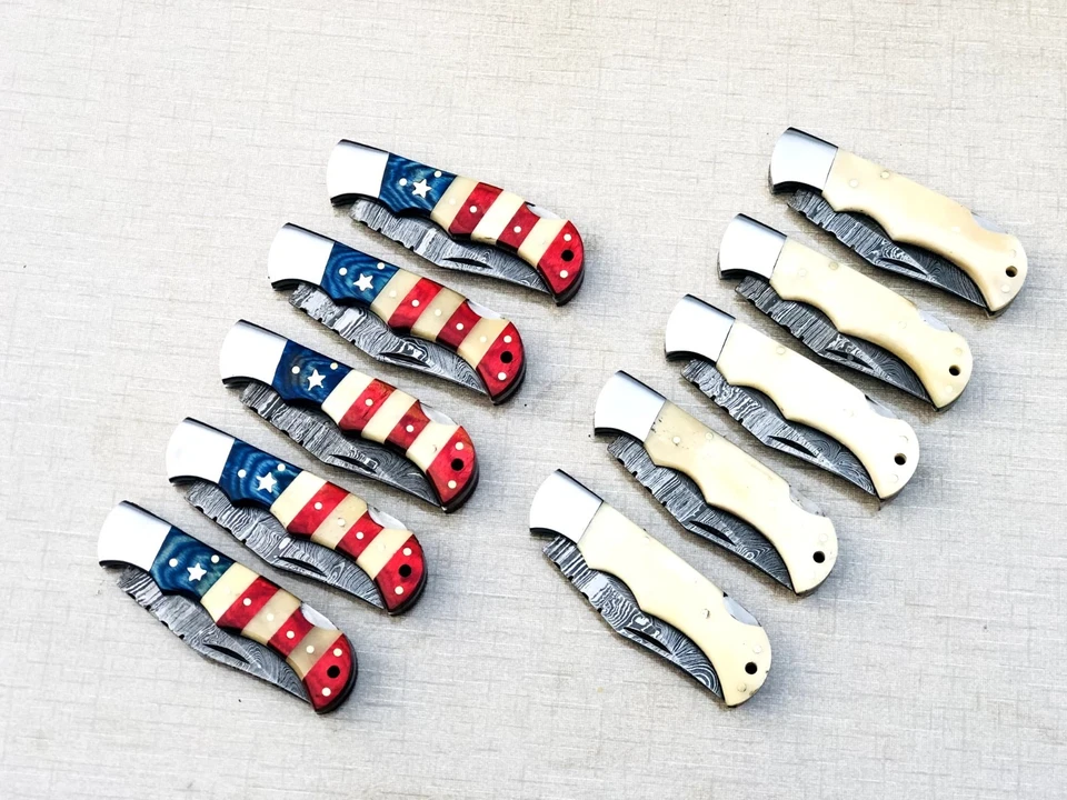 JUEGO DE 20 NAVAJAS DE BOLSILLO, BANDERA AMERICANA Y MANGO CAMELLO B CON FUNDA DE CUERO Foto 2 de 4
