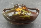 SIGNED WELLER LOUWELSA TWO HANDLED VASE BROWN GLAZE WITH FLORAL ACCENTS
