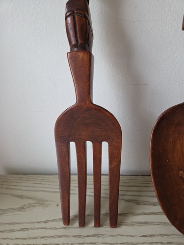 Ancienne grande fourchette et cuillère en bois sculpté décor mural 20" Tiki Totem MCM - Photo 5/10