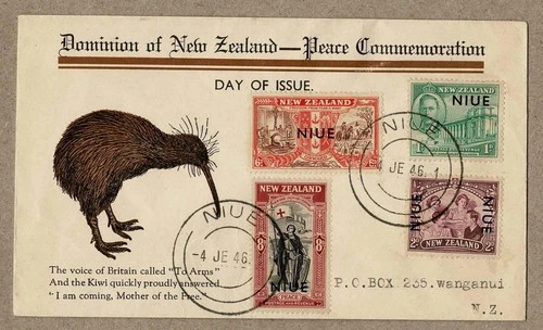 NIUE 1946 Peace FDC on NEw Zealand NZ  Kiwi Cover